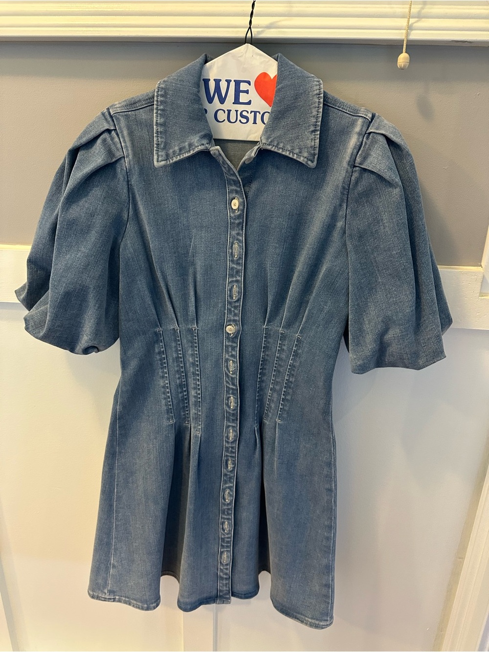 Express Denim Button-Front Puff Sleeve Dress - Light Blue size S